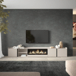 SKRAUT HOME - MEUBLE TV EFFET BOIS BEIGE 315X35X50CM CHEMINÉE EFFET FEU XXL