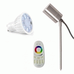 VISION-EL - PACK PROJECTEUR PIQUET LED INOX 230V + SPOT GU10 RGB+W + TÉLÉCOMMANDE TACTILE - ECLAIRAGE JARDIN