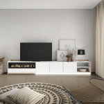 SKRAUT HOME - MEUBLE TV EFFET BOIS BLANC ET CHÊNE 310X37X50CM CHEMINÉE EFFET FEU