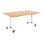 TABLE MOBILE A PLATEAU BASCULANT - L. 160 X P. 80 CM - PLATEAU HETRE - PIEDS METAL METAL BLANC
