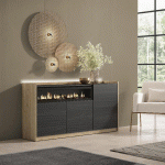 SKRAUT HOME - BUFFET EFFET BOIS NOIR ET CHÊNE 156X37X80CM CHEMINÉE EFFET FEU