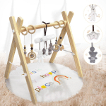 TAPIS D'ÉVEIL ET D'ACTIVITÉS DOUCEUR TRANSPORTABLE POUR BÉBÉ EN BOIS, COUSSIN ET 8 JOUETS AMOVIBLES, ULTRA-DOUX