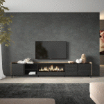SKRAUT HOME - MEUBLE TV EFFET BOIS NOIR ET CHÊNE 315X35X61CM CHEMINÉE EFFET FEU XXL