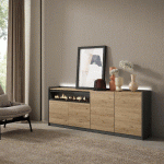 SKRAUT HOME - BUFFET EFFET BOIS DE CHÊNE ET NOIR 207X37X80CM CHEMINÉE EFFET FEU