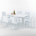 TABLE RECTANGULAIRE BLANCHE 150X90CM AVEC 6 CHAISES COLORÉES GRAND SOLEIL SET EXTÉRIEUR BAR CAFÉ ROME SUMMERLIFE COULEUR: BLANC