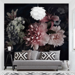 PAPIER PEINT INTISSÉ - FLOWERS WITH FOG ON BLACK - MURAL CARRÉ DIMENSION HXL: 336CM X 336CM