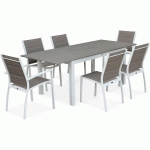 SWEEEK - SALON DE JARDIN TABLE EXTENSIBLE - CHICAGO 210 - TABLE EN ALUMINIUM 150/210CM AVEC RALLONGE ET 6 ASSISES EN TEXTILÈNE BLANC / TAUPE - BLANC