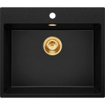 ÉVIER CUSINE EN GRANIT 58X50 CM, LAVABO CUISINE 1 BAC + KIT DE VIDAGE, ÉVIER AU MEUBLE 60CM, ÉVIER À ENCASTRER DE PRIMAGRAN, NOIR - GOLD