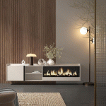 SKRAUT HOME - MEUBLE TV EFFET BOIS BEIGE 212X35X50CM CHEMINÉE EFFET FEU XXL