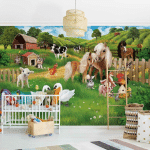 PAPIER PEINT INTISSÉ - ANIMAL CLUB INTERNATIONAL - FARM ANIMALS - MURAL FORMAT PAYSAGE DIMENSION HXL: 190CM X 288CM