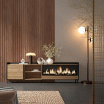 SKRAUT HOME - MEUBLE TV EFFET BOIS DE CHÊNE ET NOIR 212X35X61CM CHEMINÉE EFFET FEU