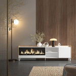 SKRAUT HOME - MEUBLE TV EFFET BOIS BLANC ET CHÊNE 212X35X61CM CHEMINÉE EFFET FEU XXL