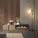 SKRAUT HOME - MEUBLE TV EFFET BOIS DE CHÊNE ET NOIR 212X35X50CM CHEMINÉE EFFET FEU