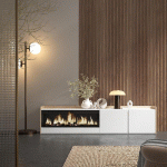 SKRAUT HOME - MEUBLE TV EFFET BOIS BLANC ET CHÊNE 212X35X50CM CHEMINÉE EFFET FEU XXL