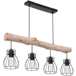 SUSPENSION DESIGN EN BOIS AVEC ABAT-JOUR EN GRILLE SUSPENSION AVEC POUTRES EN BOIS 4 FLAMMES, MÉTAL NOIR BOIS NATUREL, 4X E27 MAX 40 WATT, LXPXH