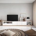 SKRAUT HOME - MEUBLE TV, BANC TÉLÉ, 310X50X37 CM, POUR LES TV JUSQU'À 80, MEUBLES DE SALON, BLANC ET CHÊNE SOFT