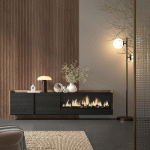 SKRAUT HOME - MEUBLE TV EFFET BOIS NOIR ET CHÊNE 212X35X50CM CHEMINÉE EFFET FEU XXL