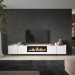 SKRAUT HOME - MEUBLE TV EFFET BOIS BLANC ET CHÊNE 315X35X50CM CHEMINÉE EFFET FEU XXL