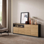 SKRAUT HOME - BUFFET SALON ET CUISINE, 207X80X37 CM, 4 PORTES, CHEMINÉE ÉLECTRIQUE, CHÊNE ET NOIR