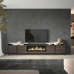 SKRAUT HOME - MEUBLE TV EFFET BOIS DE CHÊNE ET NOIR 315X35X61CM CHEMINÉE EFFET FEU