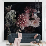 PAPIER PEINT INTISSÉ PREMIUM - FLOWERS WITH FOG ON BLACK - MURAL CARRÉ DIMENSION HXL: 192CM X 192CM