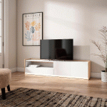 SKRAUT HOME - MEUBLE TV EFFET BOIS BLANC ET CHÊNE 207X37X50CM AVEC LED