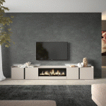SKRAUT HOME - MEUBLE TV EFFET BOIS BEIGE 315X35X50CM CHEMINÉE EFFET FEU XXL