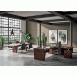 BUREAU DIRECTION XENNON L.190 X P.220 AVEC RETOUR SUR CAISSON ET SOUS-MAIN EN CUIR - NOIR ÉBÈNE RAYÉ BOIS