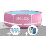 INTEX - KIT PISCINE TUBULAIRE METAL FRAME PINK RONDE 2,44 X 0,76 M + 6 CARTOUCHES DE FILTRATION + BÂCHE À BULLES