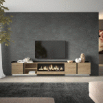 SKRAUT HOME - MEUBLE TV EFFET BOIS DE CHÊNE ET NOIR 315X35X50CM CHEMINÉE EFFET FEU