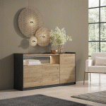 SKRAUT HOME - BUFFET EFFET BOIS DE CHÊNE ET NOIR 156X37X80CM AVEC LED