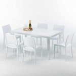 TABLE RECTANGULAIRE BLANCHE 150X90CM AVEC 6 CHAISES COLORÉES GRAND SOLEIL SET EXTÉRIEUR BAR CAFÉ PARIS SUMMERLIFE COULEUR: BLANC