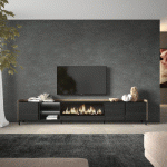 SKRAUT HOME - MEUBLE TV EFFET BOIS NOIR ET CHÊNE 315X35X61CM CHEMINÉE EFFET FEU XXL