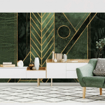 PAPIER PEINT INTISSÉ PREMIUM - GEOMETRIC SHAPES EMERALD GOLD - MURAL FORMAT PAYSAGE DIMENSION HXL: 190CM X 288CM