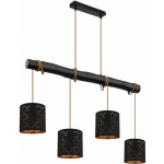 SUSPENSION, NOIR, SUSPENSION, TABLE À MANGER, LAMPE DE SALON, SUSPENSION EN BOIS, 4 FLAMMES, RÉGLABLE EN HAUTEUR, PERFORATIONS MÉTAL NOIR ET OR, 4X