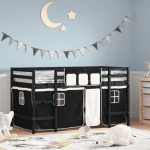 LIT MEZZANINE ENFANTS ET RIDEAUX BLANC/NOIR 90X190CM PIN MASSIF - VIDAXL