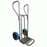 DIABLE ACIER TABLIER INCURVÉ POIGNÉE FERMÉE 250 KG ROUES CAOUTCHOUC BLEU, BAVETTE RABATTABLE