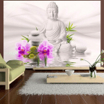 ARTGEIST - PAPIER PEINT ADHÉSIF BOUDDHA ET ROSES ORCHIDÉES - 98 X 70 CM - NACRÉ, GRIS, BLANC, ROSE, VERT