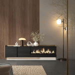 SKRAUT HOME - MEUBLE TV EFFET BOIS NOIR ET CHÊNE 212X35X50CM CHEMINÉE EFFET FEU XXL