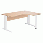 BUREAU COMPACT EXCELLENS L 160 CM CHÊNE CLAIR RETOUR À DROITE PIÈTEMENT MÉTAL BLANC AVEC VOILE DE FOND