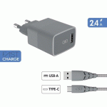 CHARGEUR POUR TÉLÉPHONE MOBILE FORCE POWER CHARGEUR SECTEUR USB A + CABLE USB C 1.2M RECYCLE GRIS