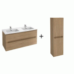 MEUBLE SALLE DE BAIN 120 CM 2 TIROIRS AVEC DOUBLE VASQUE + MEUBLE COLONNE 140X40 CM 2 PORTES - CHÊNE COLORADO - OLA UP JACOB DELAFON