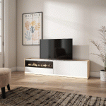 SKRAUT HOME - MEUBLE TV EFFET BOIS BLANC ET CHÊNE 207X37X50CM CHEMINÉE EFFET FEU