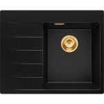 EVIER CUISINE EN GRANIT 62 X 50 CM LAVABO 1 BAC + SIPHON CLASSIQUE, ÉVIER À ENCASTRER DE PRIMAGRAN NOIR + DORÉ - GOLD