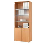 MEUBLE HAUT NF ENVIRONNEMENT VITRINE - H.202 X L. 80 X P. 48 CM - CÈDRE - PORTES BASSES CÈDRE - PORTES HAUTES VERRE