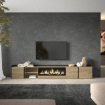 SKRAUT HOME - MEUBLE TV EFFET BOIS DE CHÊNE ET NOIR 315X35X50CM CHEMINÉE EFFET FEU