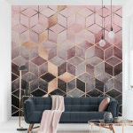 PAPIER PEINT INTISSÉ PREMIUM - PINK GRAY GOLDEN GEOMETRY - MURAL CARRÉ DIMENSION HXL: 192CM X 192CM