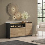 SKRAUT HOME - BUFFET EFFET BOIS DE CHÊNE ET NOIR 156X37X80CM CHEMINÉE EFFET FEU