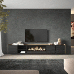 SKRAUT HOME - MEUBLE TV EFFET BOIS NOIR ET CHÊNE 315X35X50CM CHEMINÉE EFFET FEU XXL