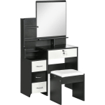 ENSEMBLE COIFFEUSE TABOURET DESIGN CONTEMPORAIN MULTI-RANGEMENT 4 TIROIRS 4 ÉTAGÈRES GRAND MIROIR NOIR BLANC - NOIR